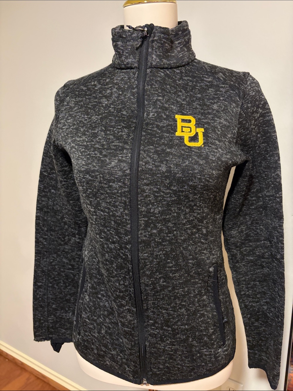 Port Authority Dark Heather Gray Full-Zip Varsity Jacket with Yellow BU Patch